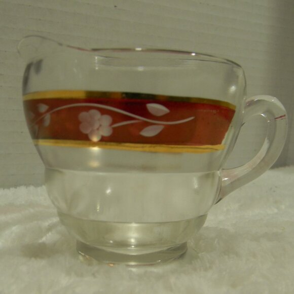 Vintage Bartlett Collins Red Gold Creamer Jar Etched Glass - Picture 5 of 5